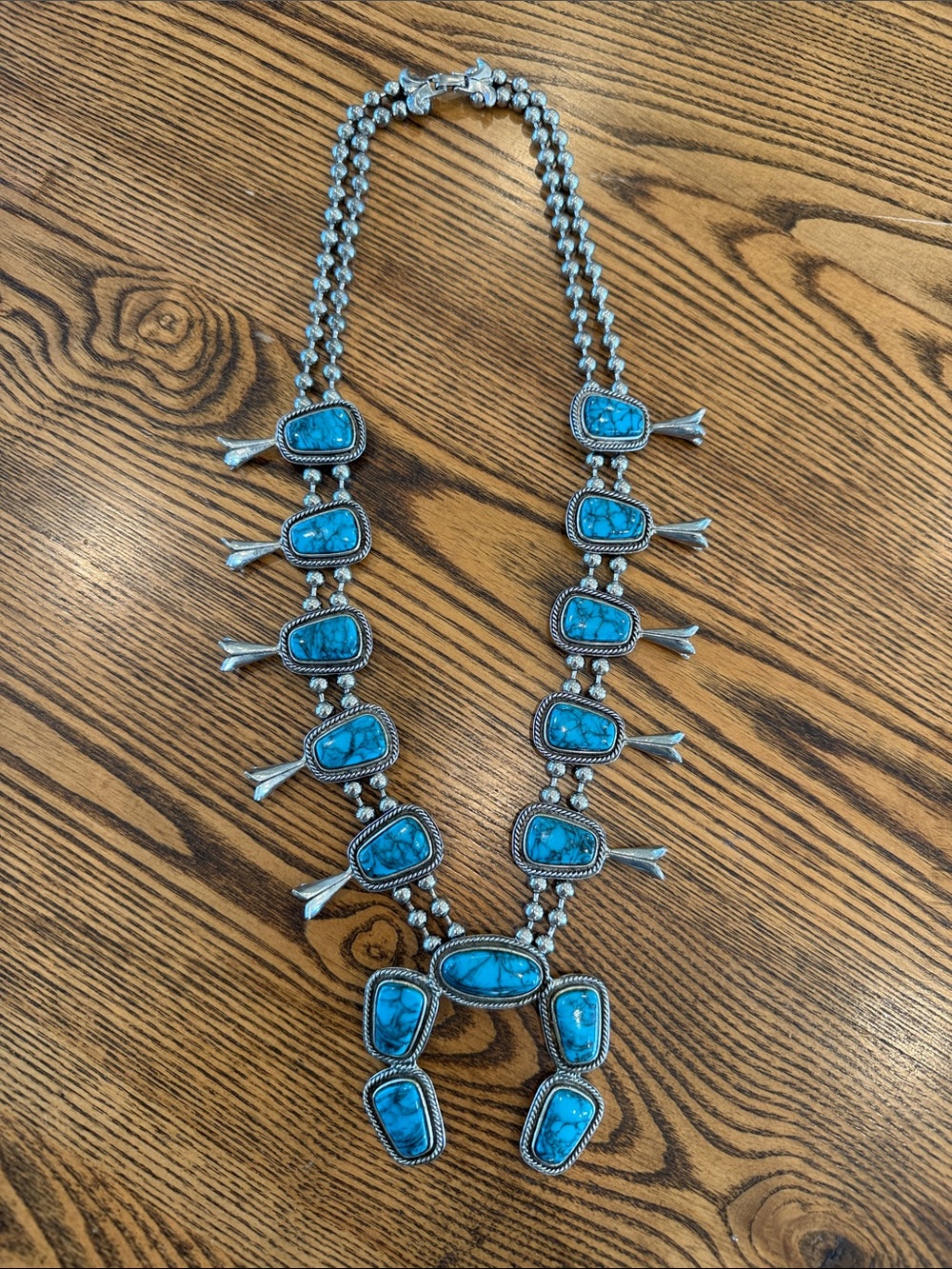 Goldette Faux Turquoise Resin Zuni Style Squash Blossom Necklace Vintage